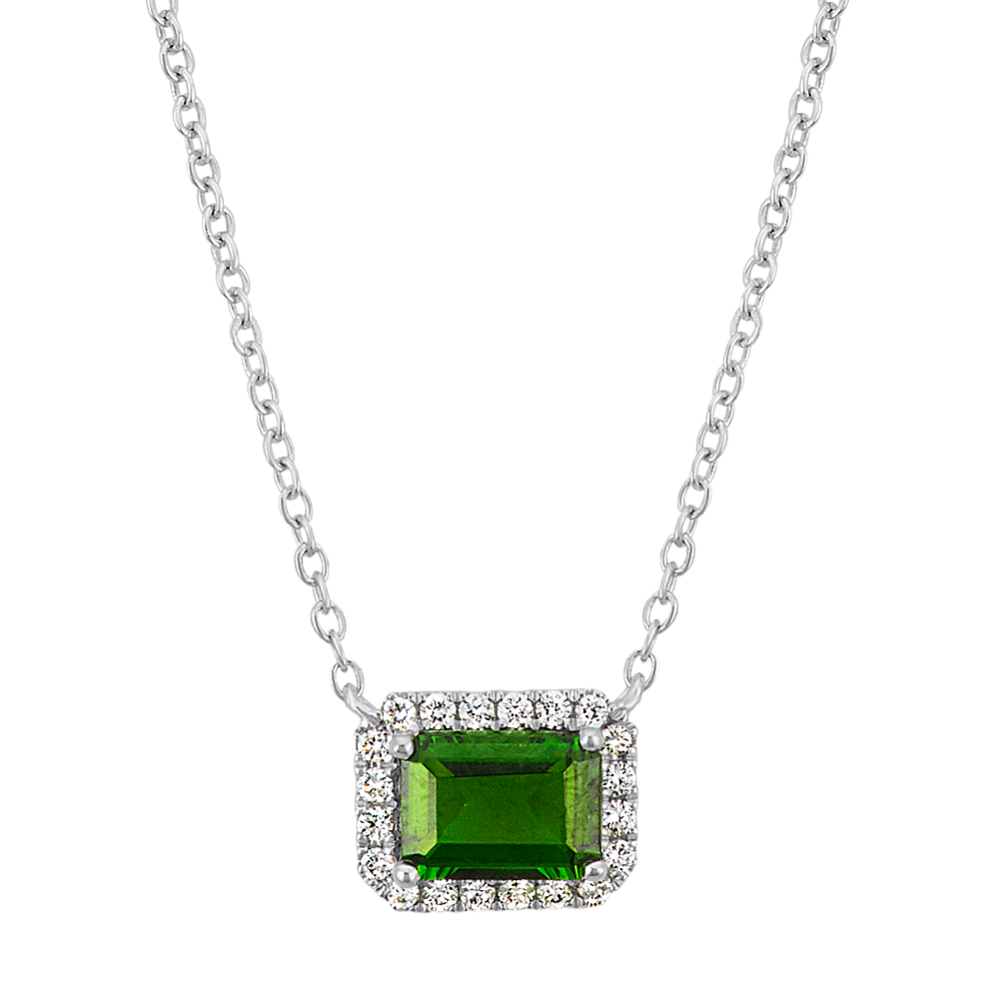 Emerald Cut Chrome Diopside and Diamond Necklace in Sterling Silver (18'')