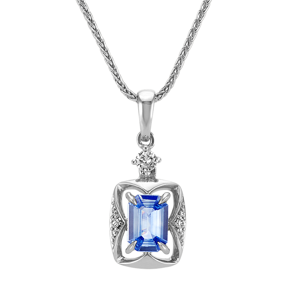 Emerald Cut Kentucky Blue Sapphire and Round Diamond Pendant (22 in)