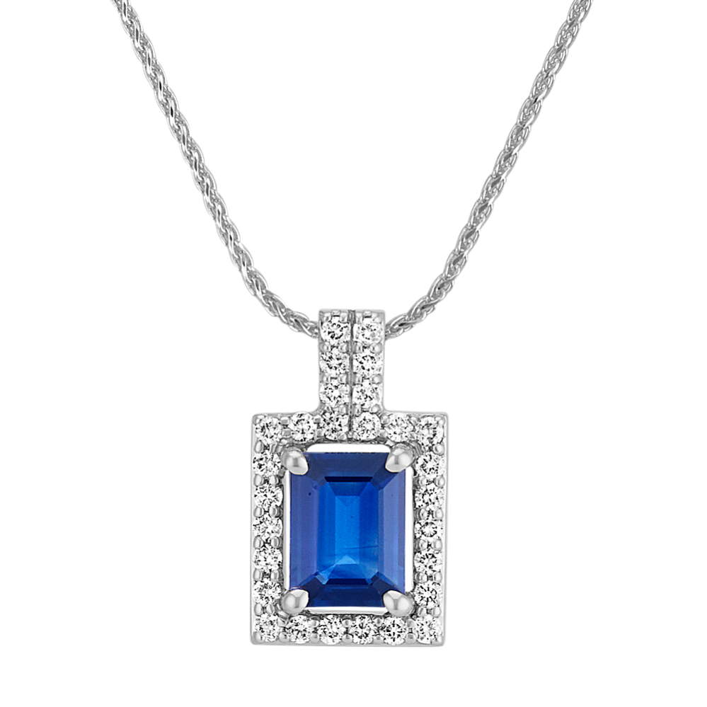 Emerald Cut Traditional Sapphire and Round Diamond Rectangle Pendant (22 in)