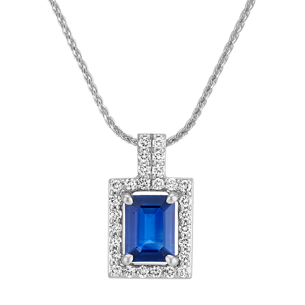 Emerald Cut Traditional Sapphire and Round Diamond Rectangle Pendant (22'')