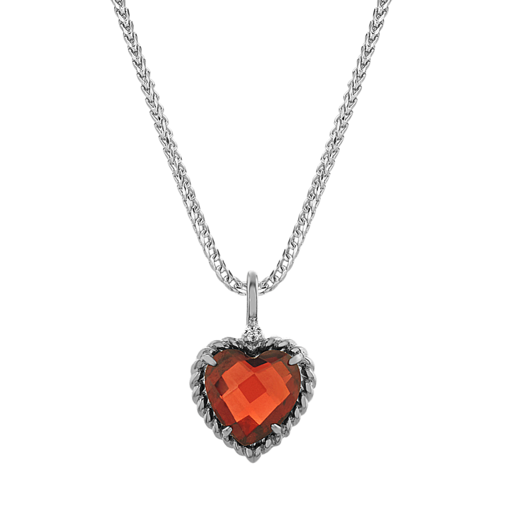 Evie Garnet and Diamond Heart Pendant in Sterling Silver (22 in)