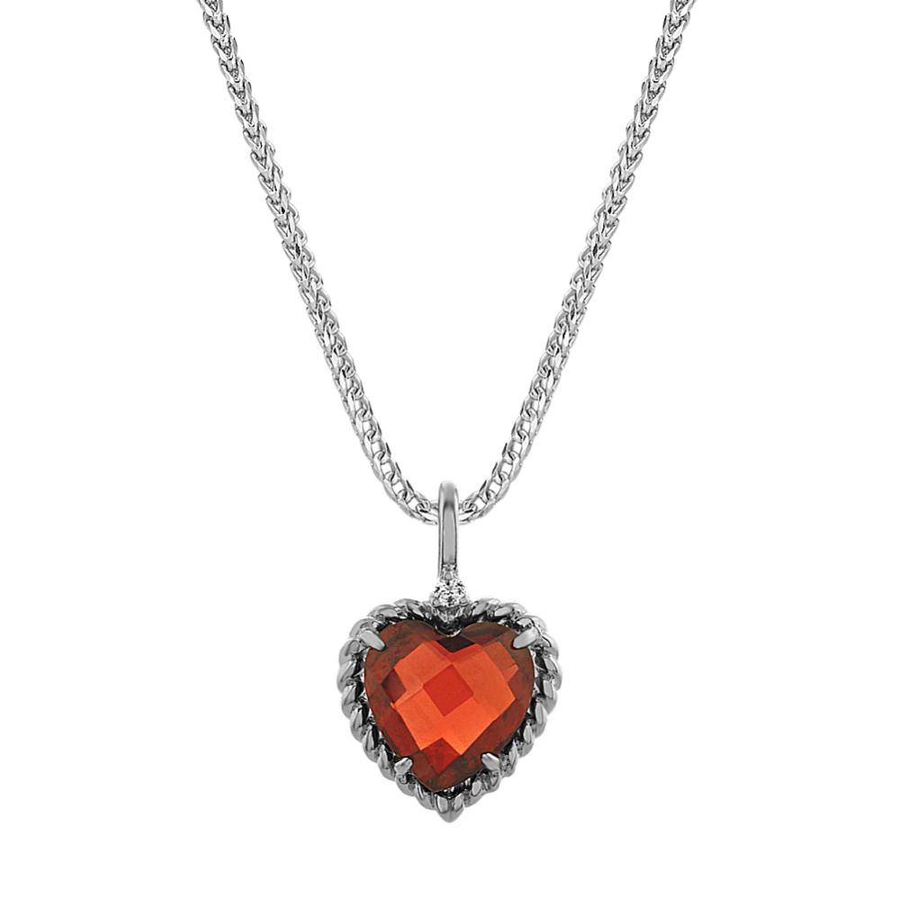 Evie Garnet and Diamond Heart Pendant in Sterling Silver (22'')