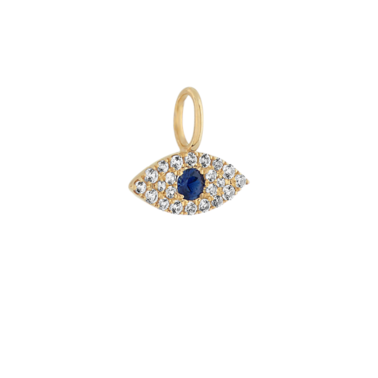 Evil Eye White Natural Sapphire Charm in 14k Yellow Gold