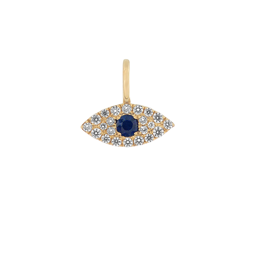 Evil Eye White Natural Sapphire Charm in 14k Yellow Gold