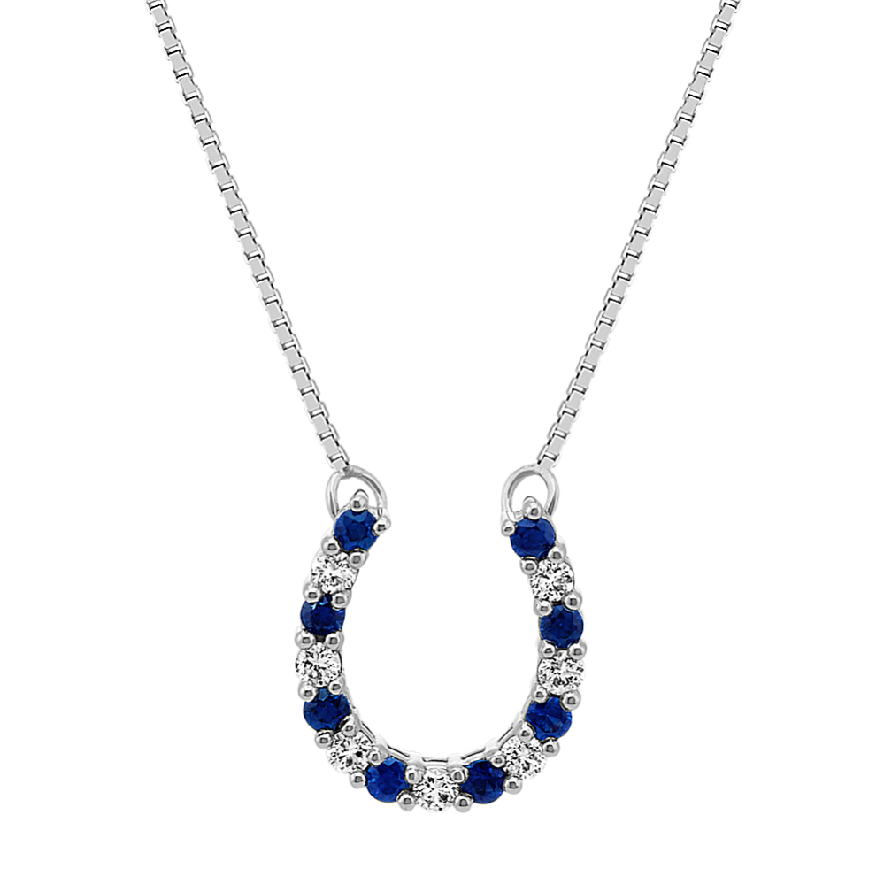 Fortuna Sapphire and Diamond Horseshoe Necklace in 14K White Gold (18 in)