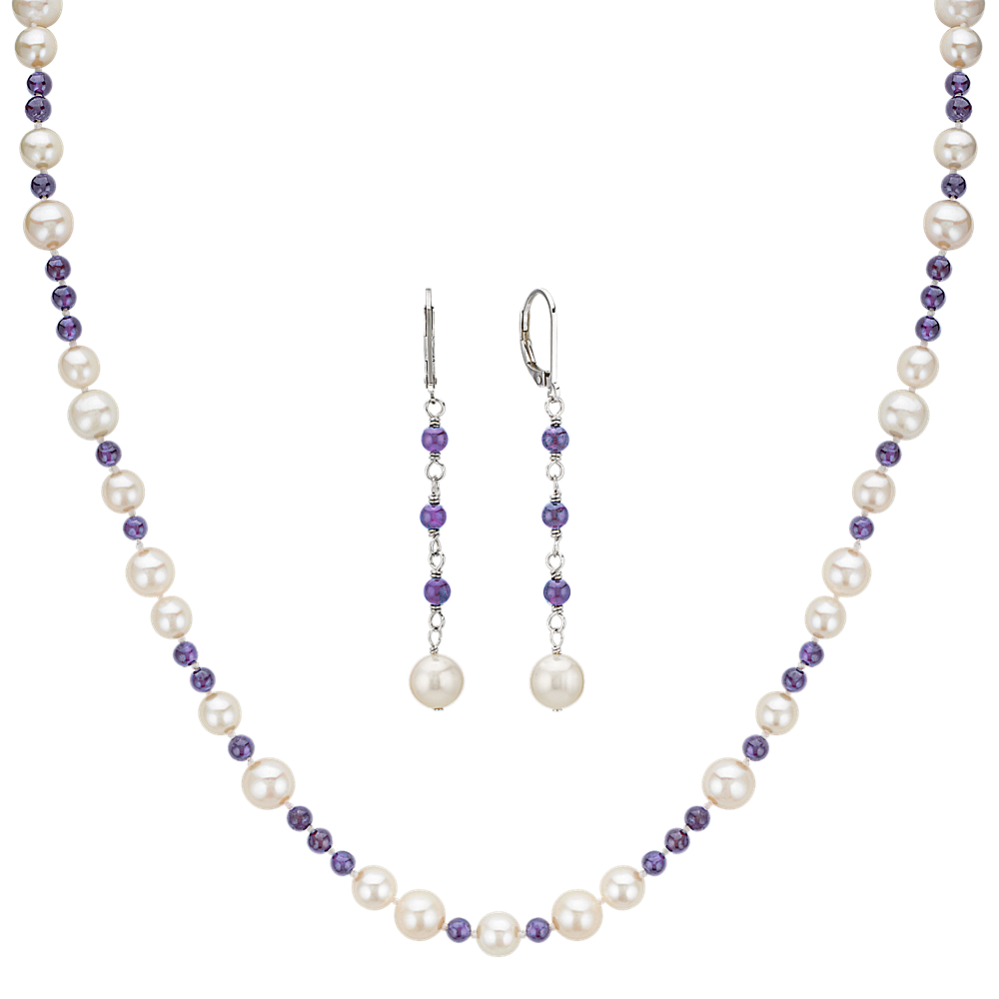 Freshwater Cultured Pearl and Amethyst Necklace and Earring Set (18'')