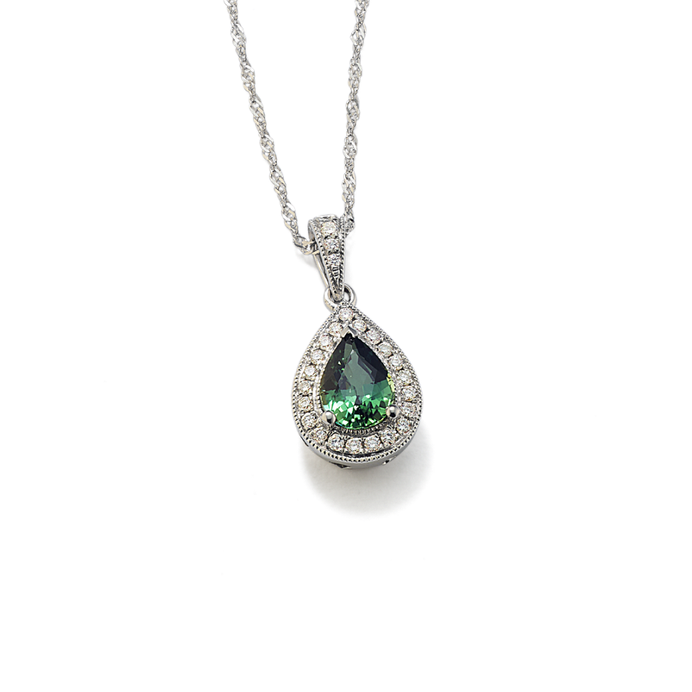 Gardenia Green Natural Sapphire and Natural Diamond Pendant in 14K White Gold (22 in)
