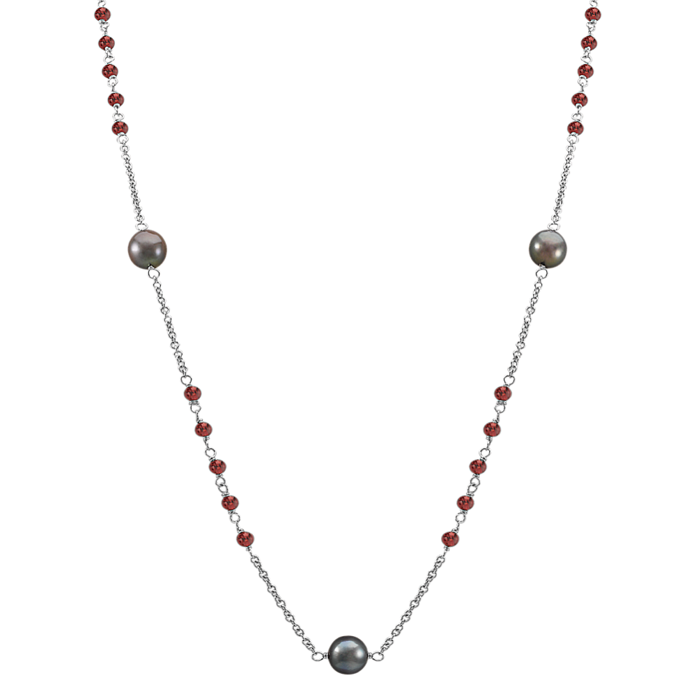 Garnet, 9mm Cultured Tahitian Pearl and Sterling Silver Necklace (32 in)