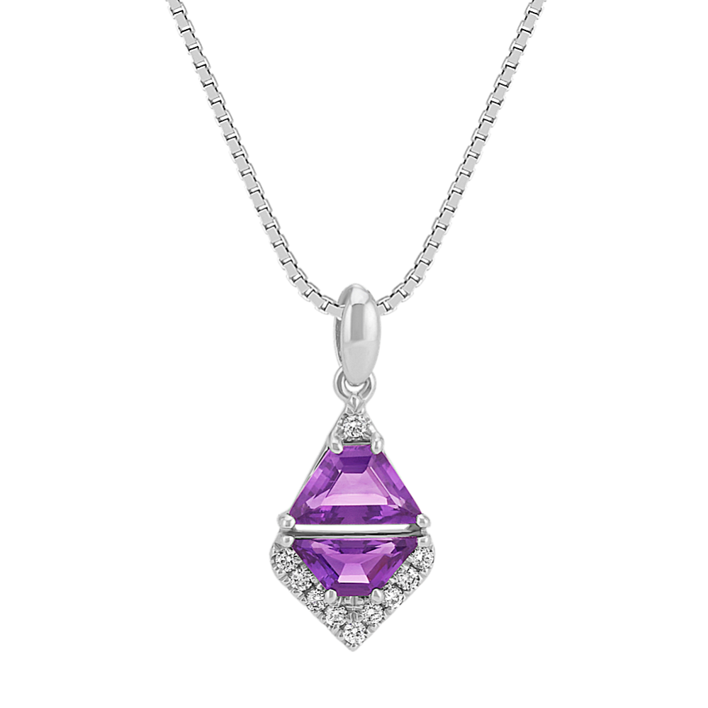 Geometric Amethyst and Diamond Pendant in Sterling Silver (20 in)
