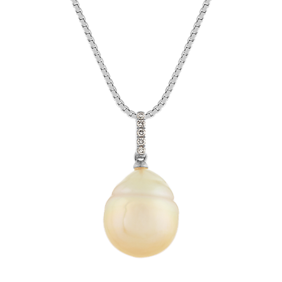 Golden Baroque Pearl and Diamond Pendant in 14k White Gold (18'')