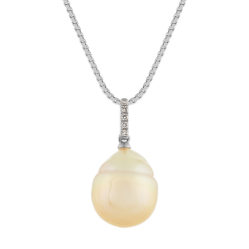 Golden Baroque Pearl and Diamond Pendant in 14k White Gold (18 in)