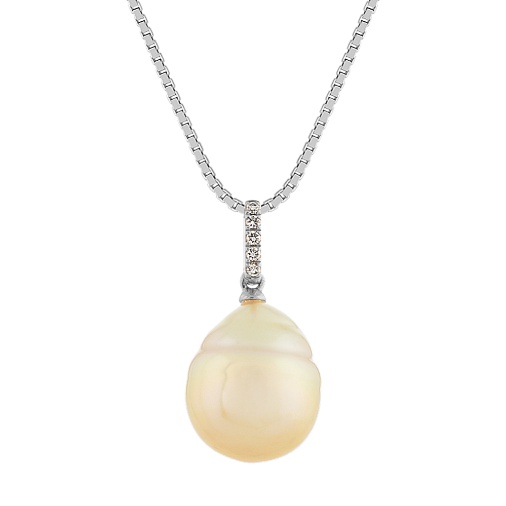 Golden Baroque Pearl and Diamond Pendant in 14k White Gold (18'')