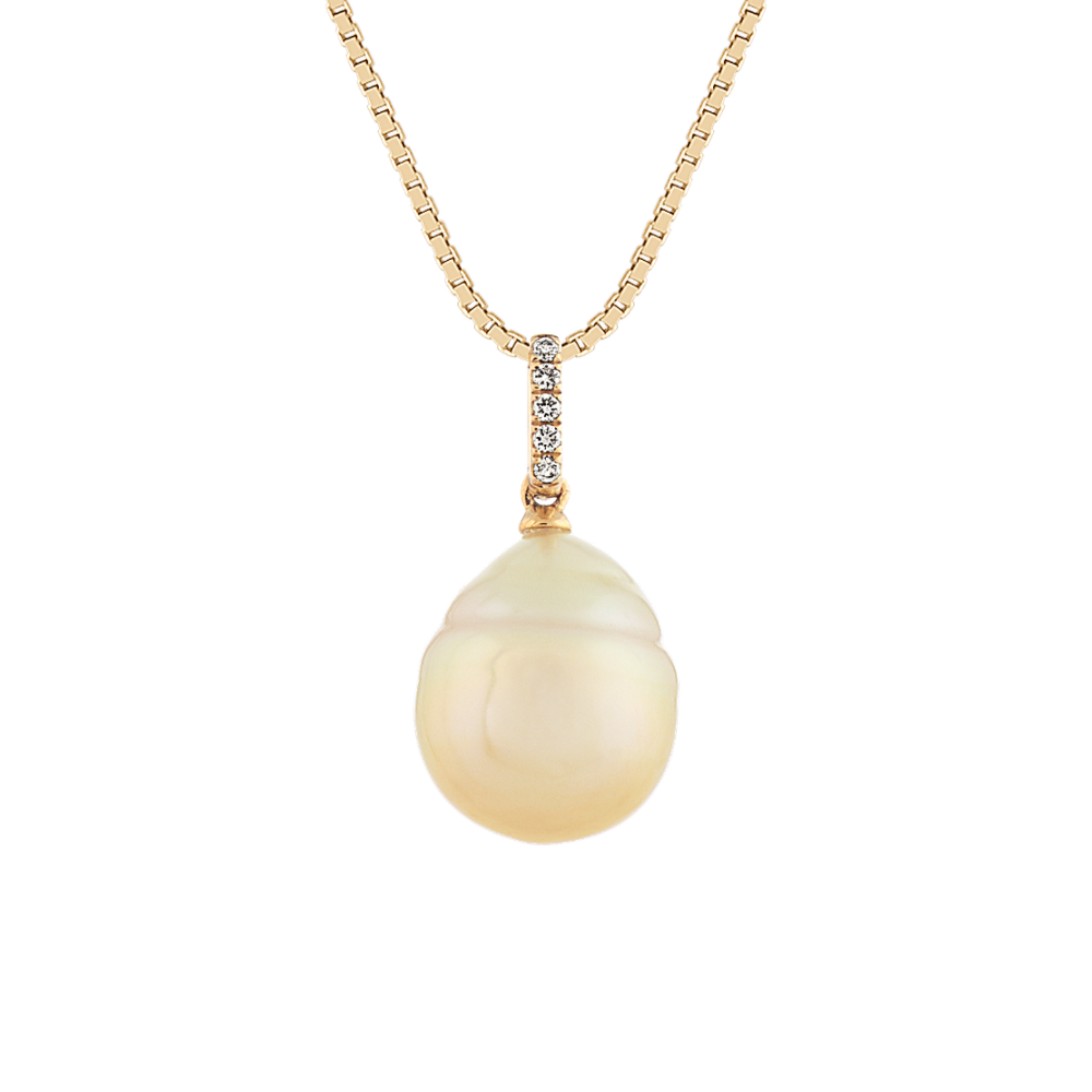 Golden Baroque Pearl and Natural Diamond Pendant in 14k Yellow Gold (18 in)
