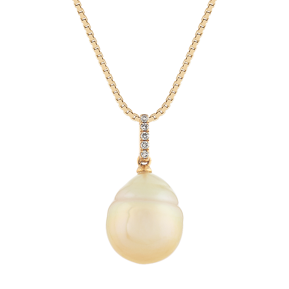 Golden Baroque Pearl and Diamond Pendant in 14k Yellow Gold (18'')