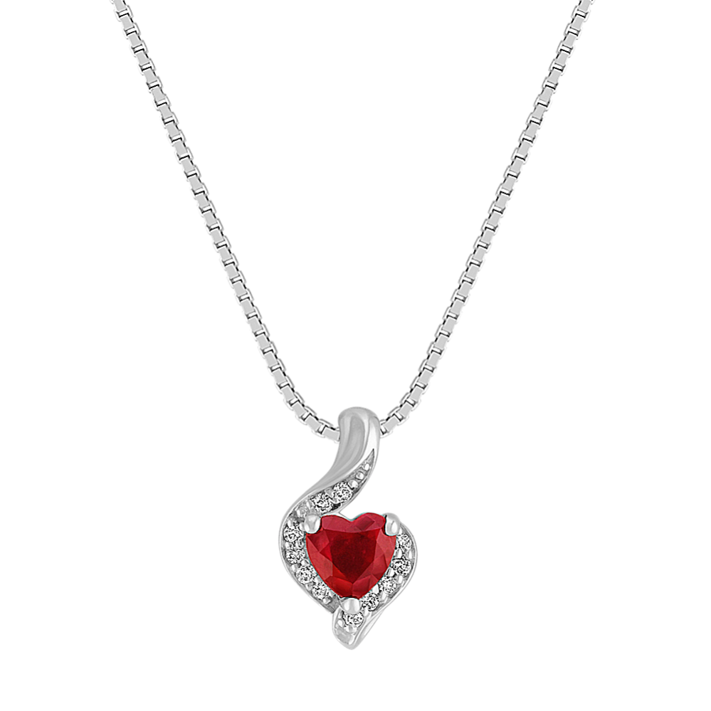 Graceful Heart-Shaped Ruby and Diamond Pendant in White Gold (18 in)