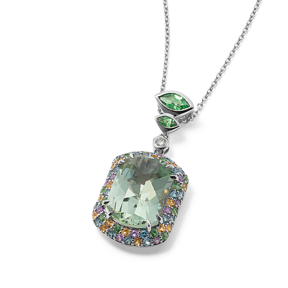 Green Quartz & Multi-Gemstone Halo Pendant