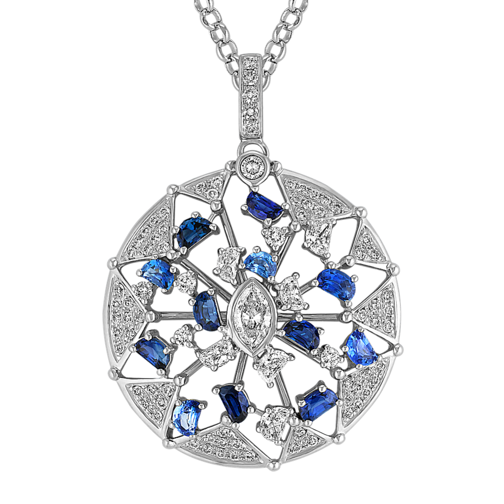 Half Moon Sapphire and Diamond, Marquise and Round Diamond Circle Pendant (18 in)