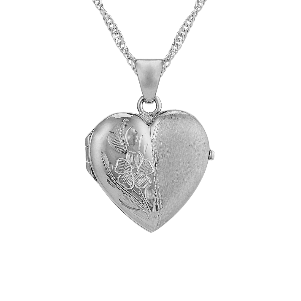 Heart Locket with Floral Detailing in 14k White Gold (18 in)