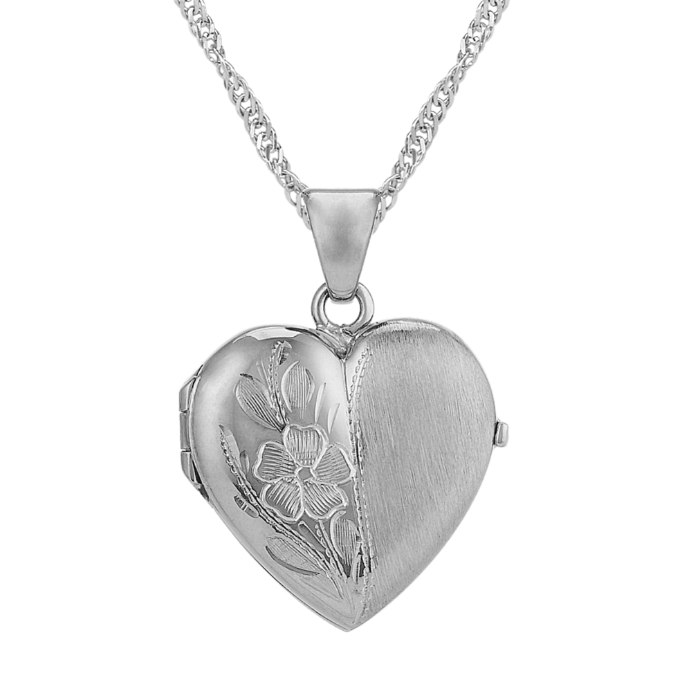 Heart Locket with Floral Detailing in 14k White Gold (18 in)
