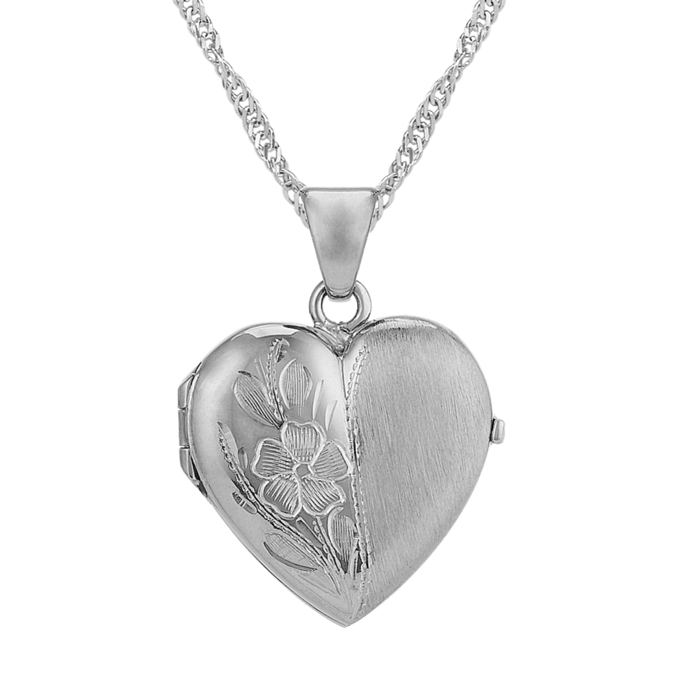 Heart Locket with Floral Detailing in 14k White Gold (18'')