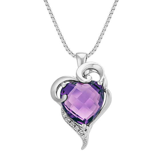 Heart Shaped Amethyst and Round Diamond Swirl and Heart Pendant (18 in)