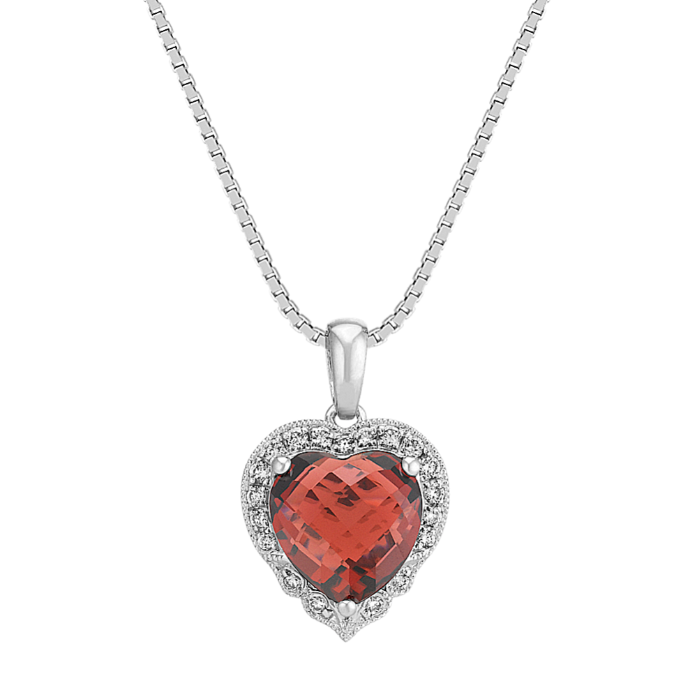 Heart-Shaped Garnet and Round Diamond Heart Pendant (18 in)
