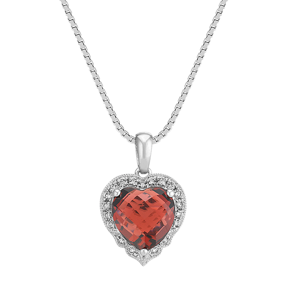 Heart-Shaped Garnet and Round Diamond Heart Pendant (18'')