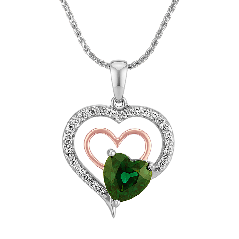 Heart-Shaped Green Sapphire and Round Diamond Holding Hearts Pendant (22 in)