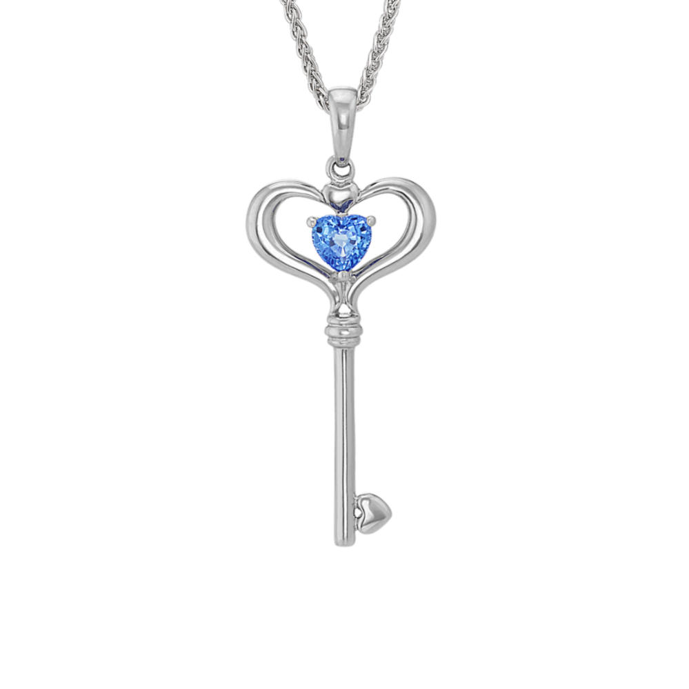 Heart-Shaped Kentucky Blue Sapphire Key Pendant in Sterling Silver (20'')