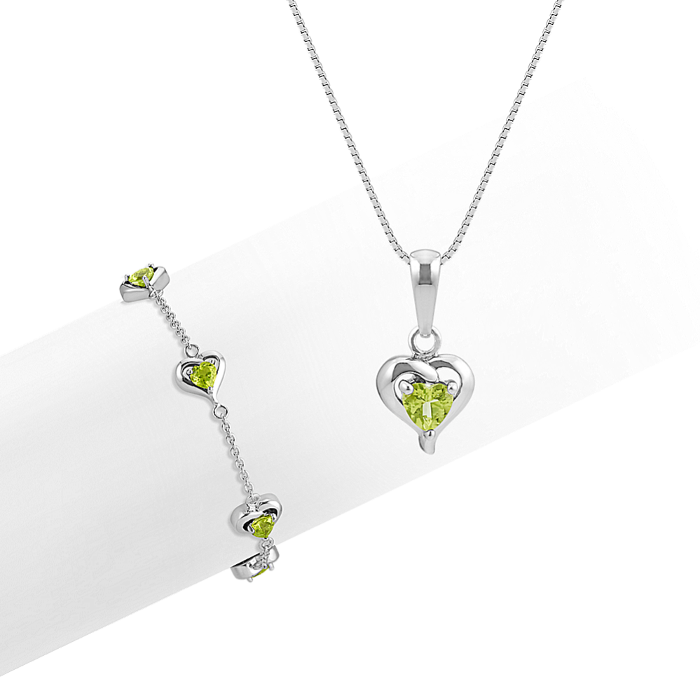 Heart-Shaped Peridot Pendant and Bracelet 2-Piece Set (18'')