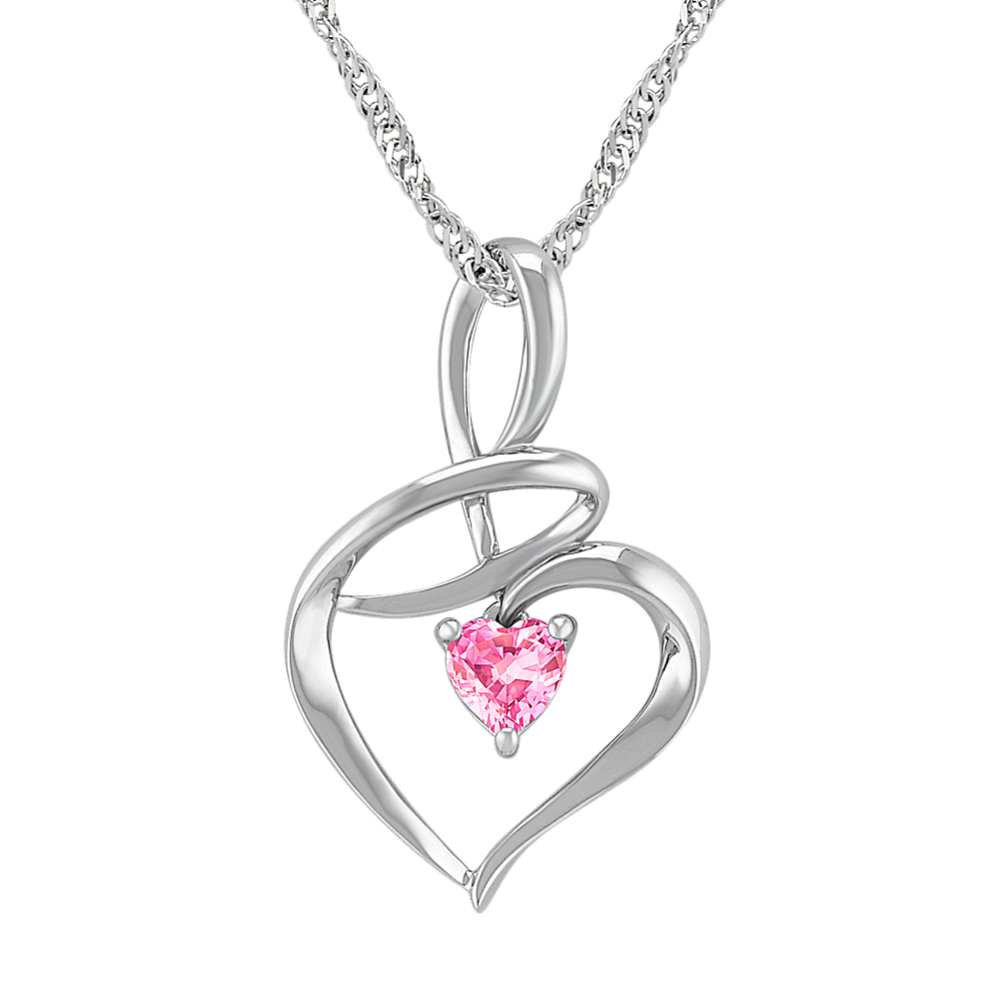 Heart Shaped Pink Sapphire and Sterling Silver Heart Pendant (18'')