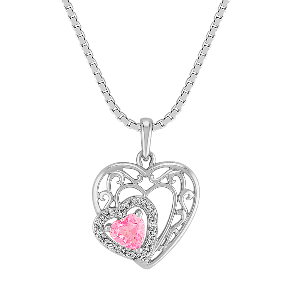 Heart-Shaped Pink Sapphire Double Heart Pendant in Sterling Silver (18 in)