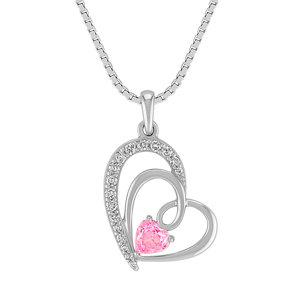 Heart-Shaped Pink Sapphire and Diamond Pendant in Sterling Silver (18 in)