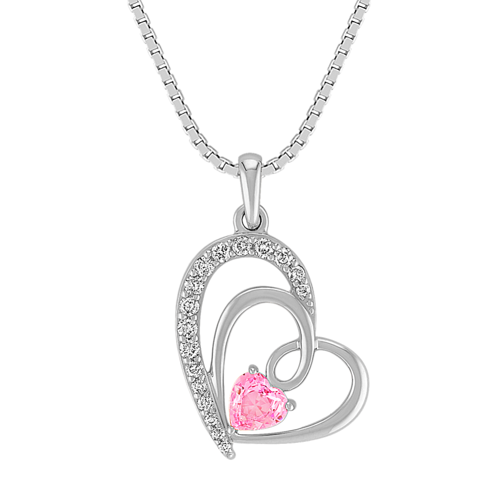 Heart-Shaped Pink Sapphire and Diamond Pendant in Sterling Silver (18'')