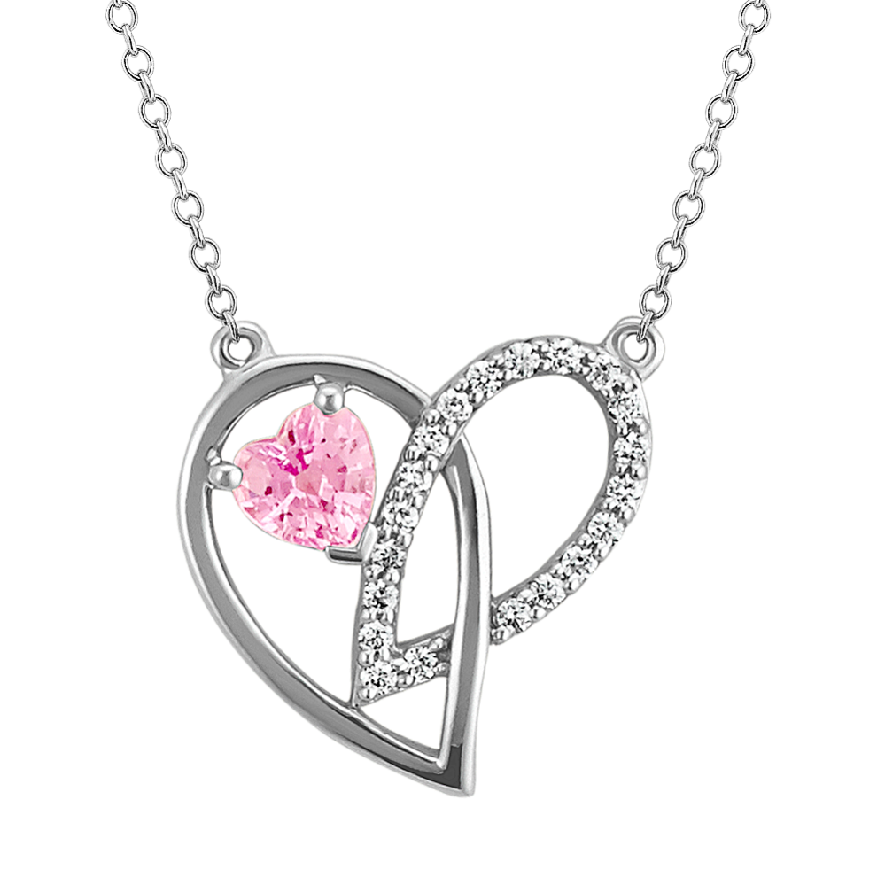 Heart-Shaped Pink Sapphire and Round Diamond Creative Heart Pendant (18 in)