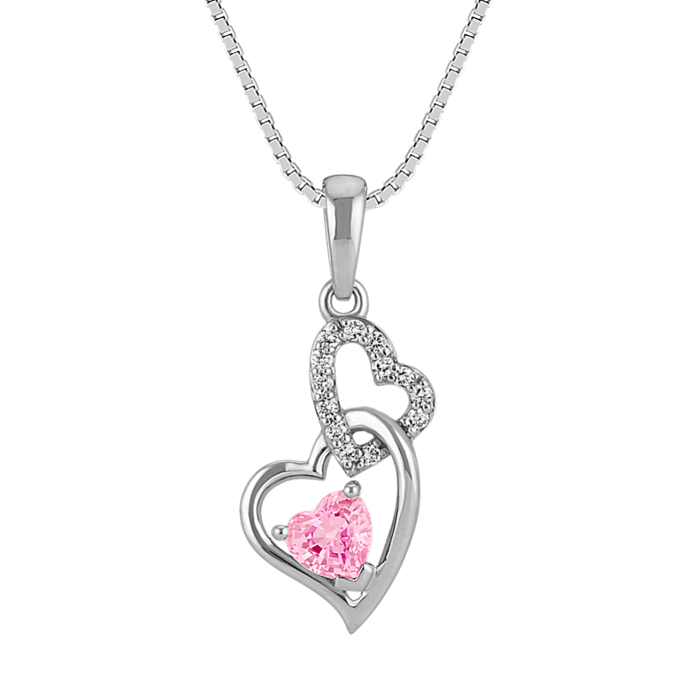 Heart-Shaped Pink Sapphire and Round Diamond Double Heart Pendant (18 in)