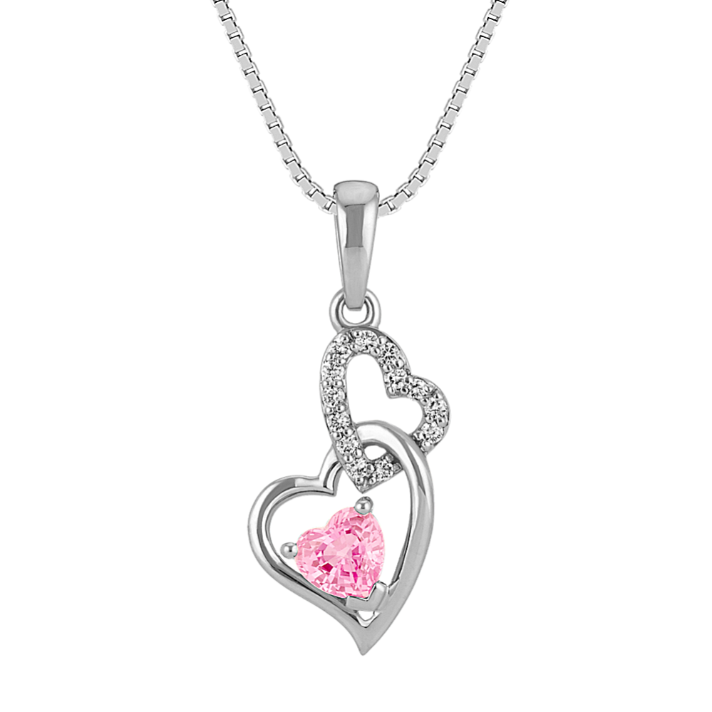 Heart-Shaped Pink Sapphire and Round Diamond Double Heart Pendant (18'')