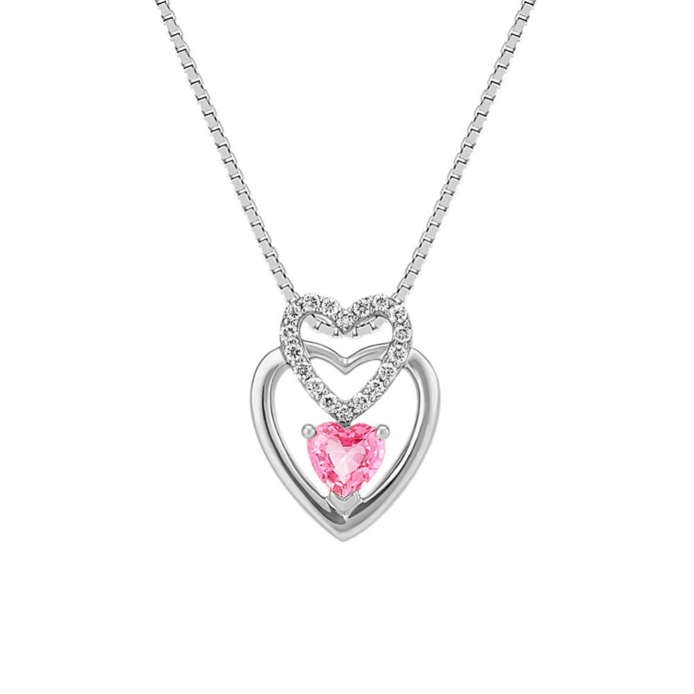Heart Shaped Pink Sapphire and Round Diamond Heart Pendant (18 in)