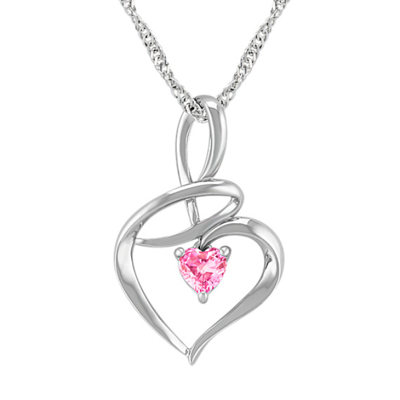 Heart Shaped Pink Sapphire and Sterling Silver Heart Pendant (18 in)