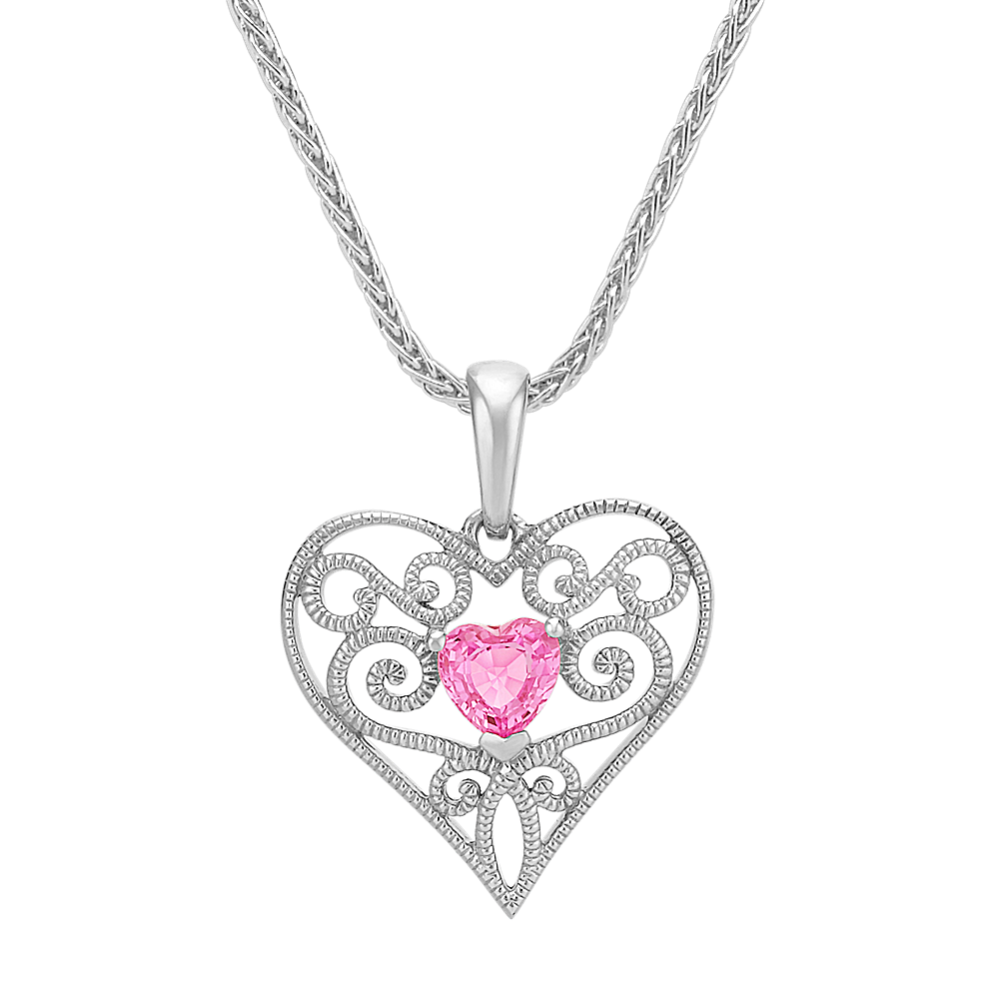 Heart Shaped Pink Sapphire and Sterling Silver Heart Pendant (18 in)