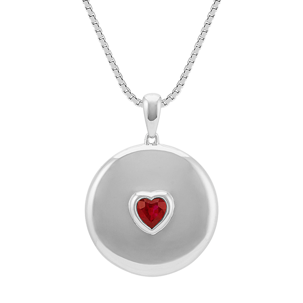 Heart-Shaped Ruby Circle Pendant in 14k White Gold (22 in)