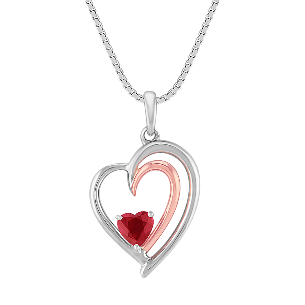 Heart-Shaped Ruby, Sterling Silver and 14k Rose Gold Pendant (18 in)
