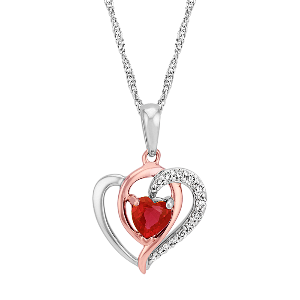 Heart-Shaped Ruby and Diamond 14k Rose and White Gold Heart Pendant (22 in)