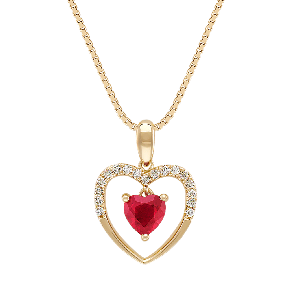 Heart-Shaped Ruby and Diamond Heart Pendant in 14k Yellow Gold (18 in)
