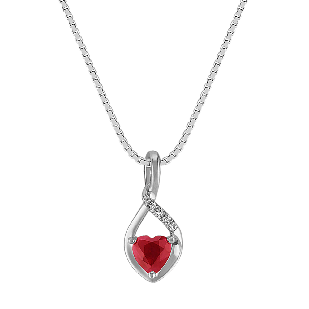Heart-Shaped Ruby and Diamond Pendant in Sterling Silver (18 in)