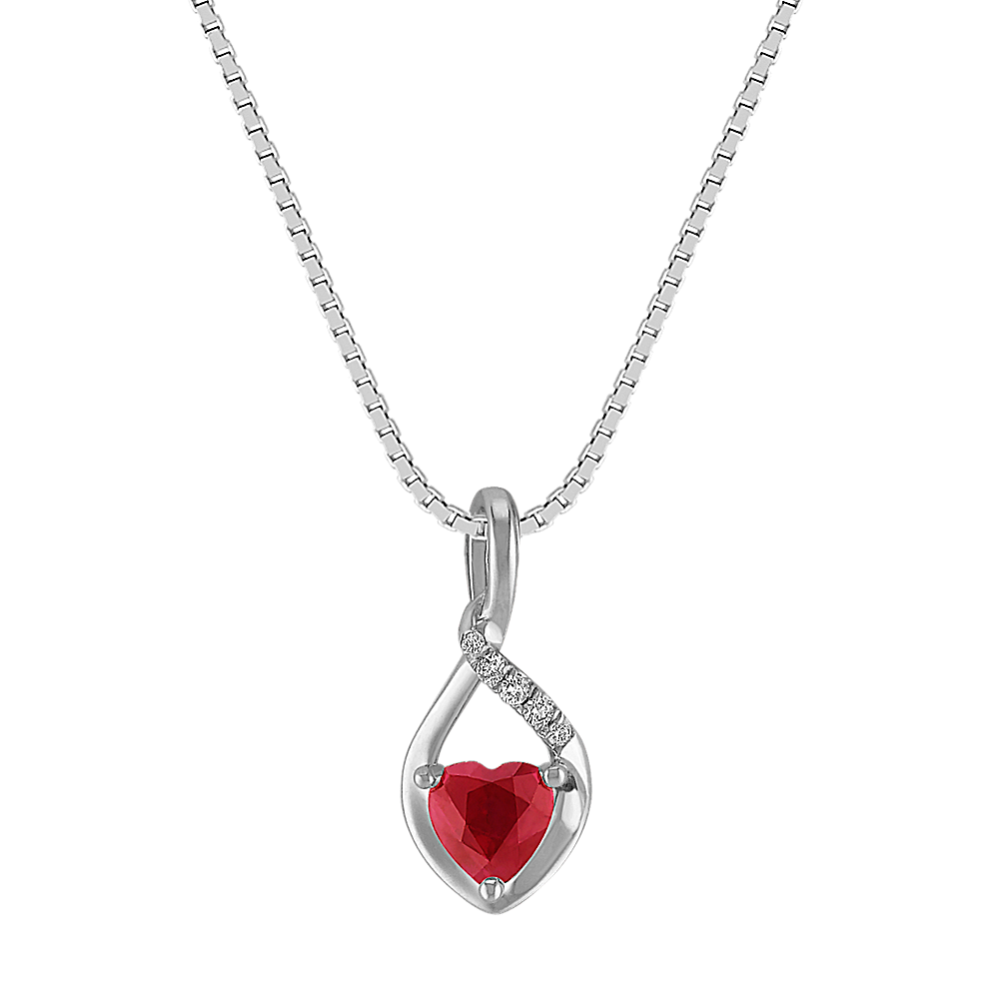 Heart-Shaped Ruby and Diamond Pendant in Sterling Silver (18'')
