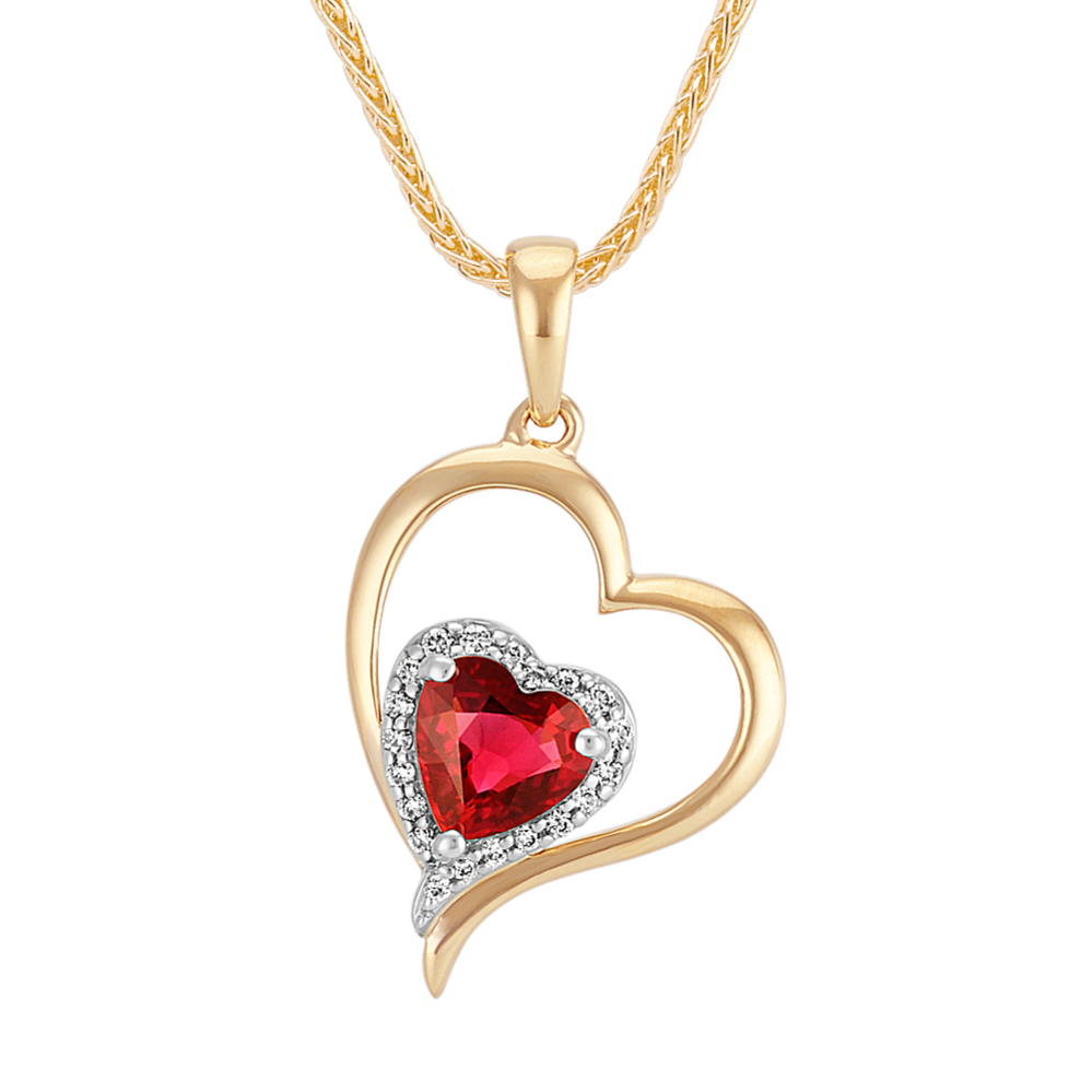 Heart-Shaped Ruby and Round Diamond Double Heart Two-Tone Pendant (22 in)