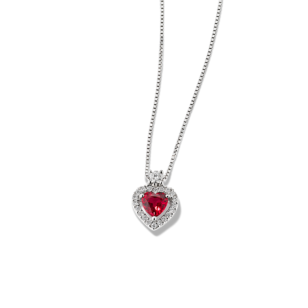 Smitten Ruby and Diamond Heart Pendant in 14K White Gold (18 in)