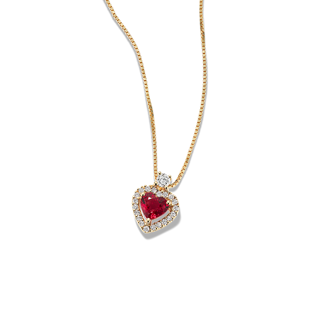 Smitten Natural Ruby and Natural Diamond Heart Pendant in 14K Yellow Gold (18 in)
