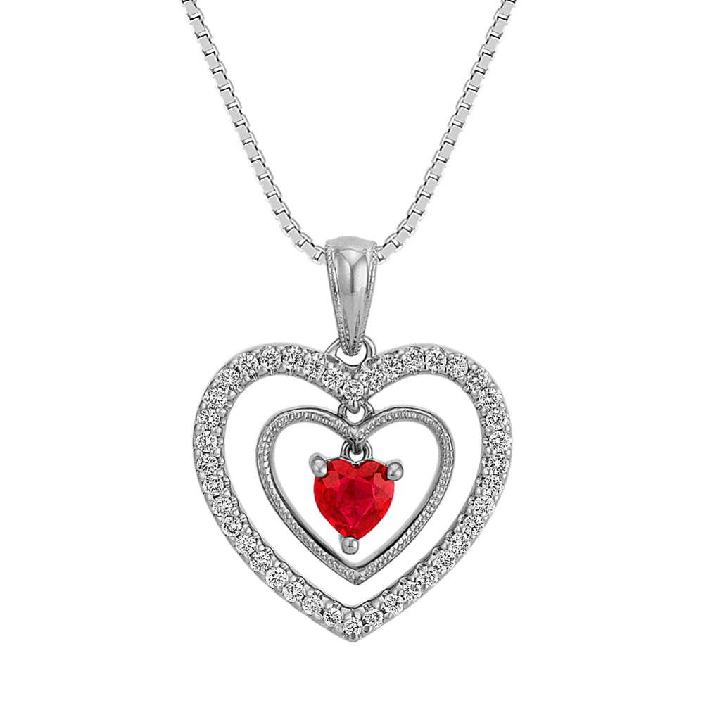 Heart-Shaped Ruby and Round Diamond Three Piece Heart Pendant (18'')